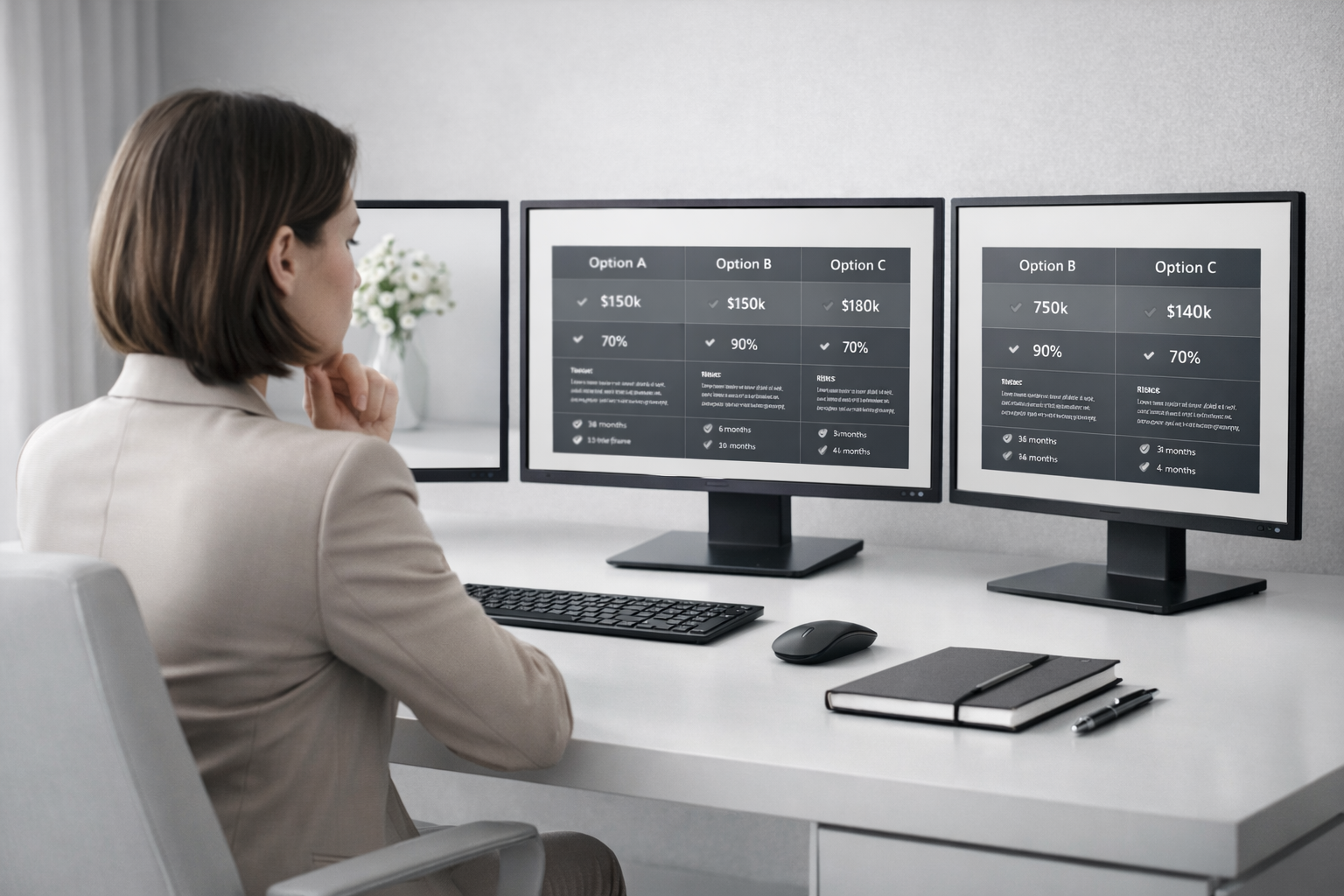 Personne comparant trois scénarios sur trois interfaces différentes